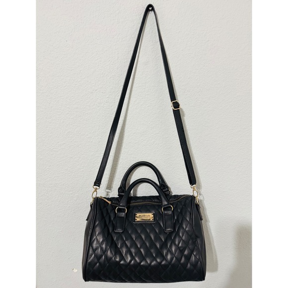 Mango Quilted Black Faux Leather Satchel Handbag Gold Hardware Crossbody Strap - Picture 2 of 15